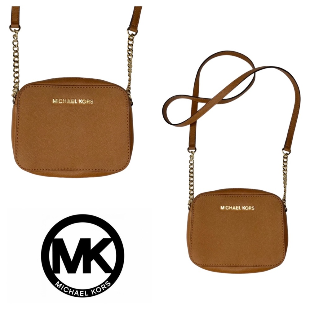 Michael Kors Acorn Tan Camel & Gold Crossgrain Saffiano Leather Mini Crossbody